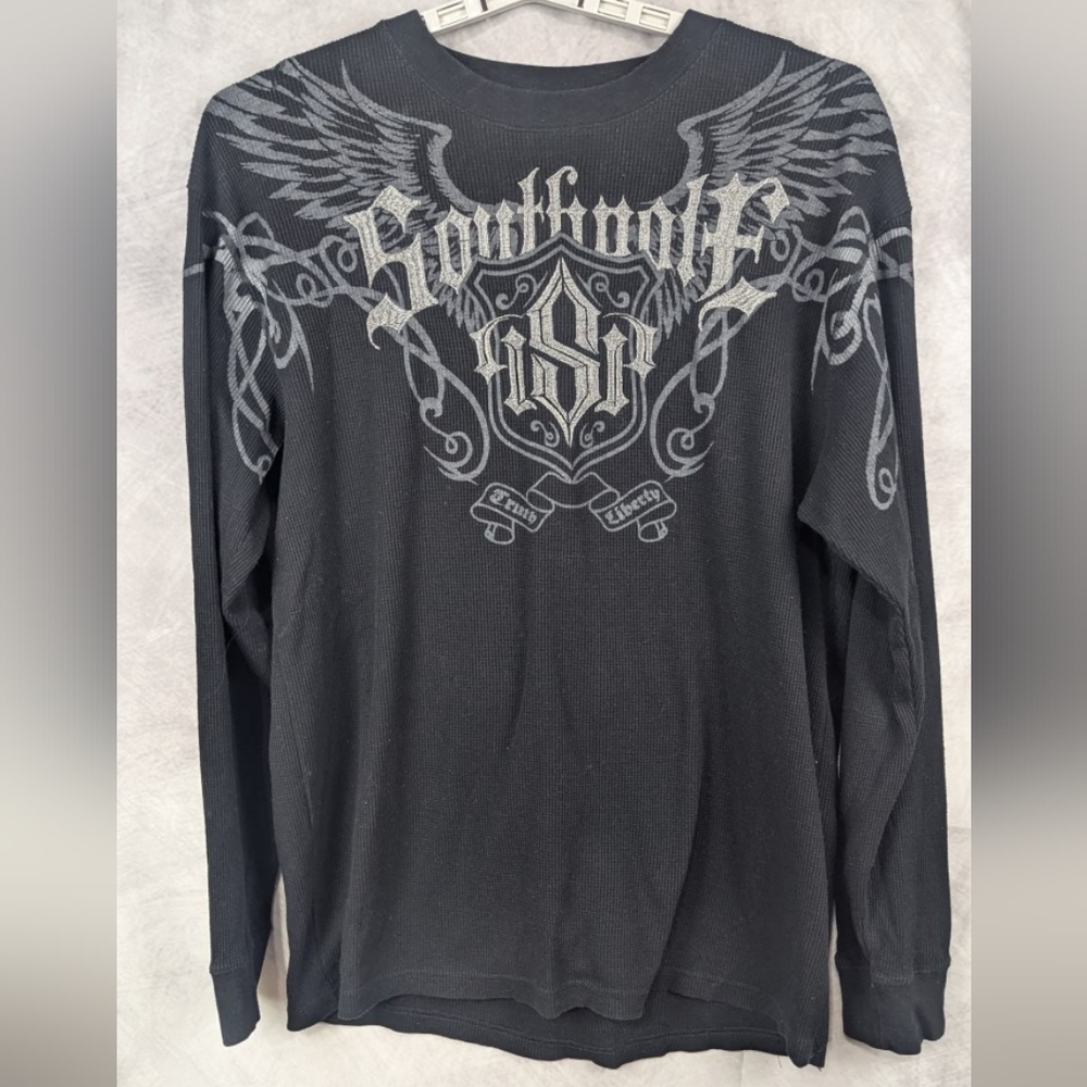South Pole Size XL Grunge Skater Y2K Goth Thermal Black Embroidered Shirt